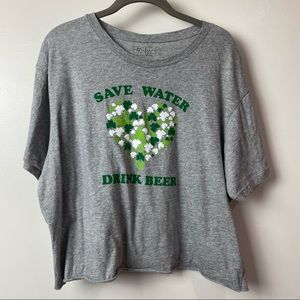 Miken Sz XL cropped gray tee shirt "Save Water Drink Beer" St. Patrick's Day Top